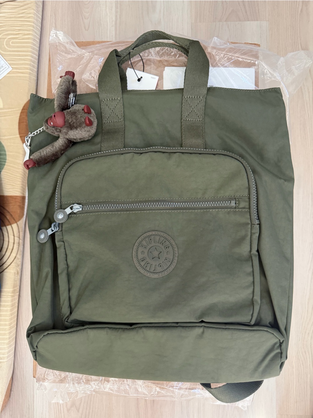 Kipling Olive Green Canvas Top-Load Backpack with Monkey Keychain